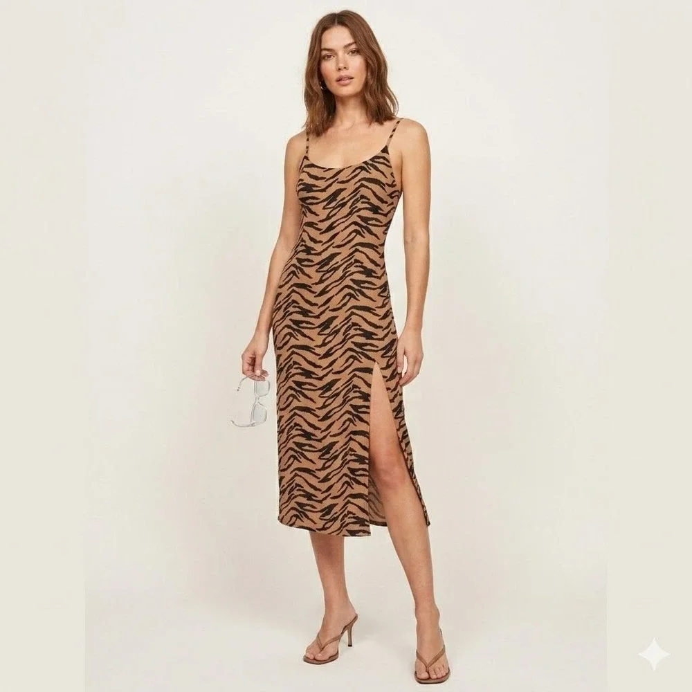 Reformation‎ Animal Print Midi Dress Bodycon Size 0 Sexy Slit 90s Chic It Girl